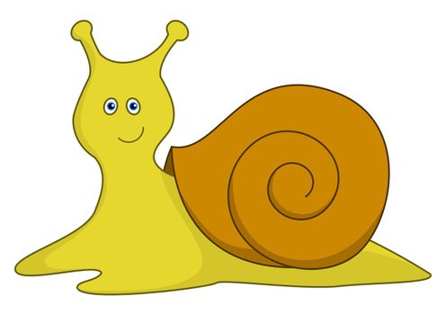 Cheerful smiling yellow snail with a brown bowl. Vector