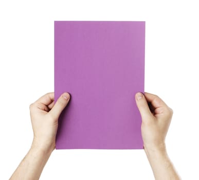 Man holding a blank purple paper against white background.