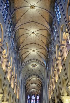Interior view of Notre Dame Cathedral, Paris, France.