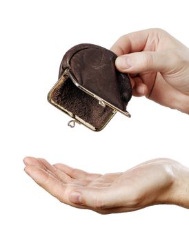 Man holding an empty change coin purse.