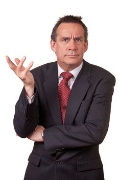 Angry Frowning Middle Age Business Man in Suit Raising Hand Isolated