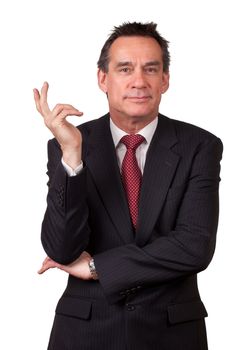 Attractive Smiling Middle Age Business Man in Suit Gesturing with Hand Isolated