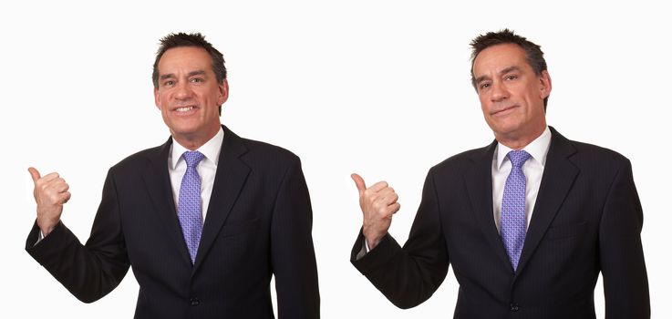 Attractive Middle Age Business Man Gesturing Get Out to the Door in Two Ways Isolated