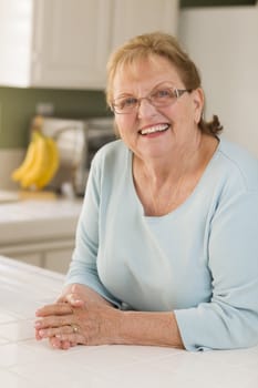 Portrait of a Beautiful Smiling Senior Adult Woman in Kitchen.