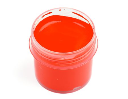 Container with Red Gouache Paint isolated on white background. Top View