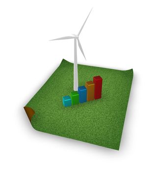 wind turbine and business graph on grass isle - 3d illustration