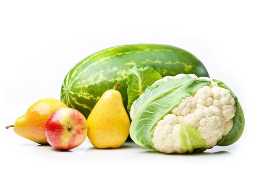 Watermelon, apple, pears and cauliflower isolated on white background.
