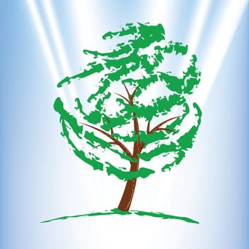 Green tree over blue sky. Vector illustration.