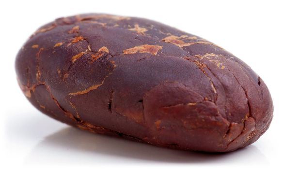 Raw cacao bean peeled isolated on white background.