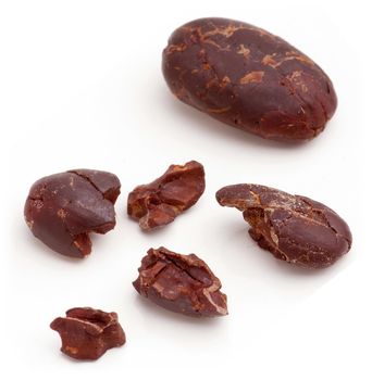 Raw cacao beans peeled isolated on white background.