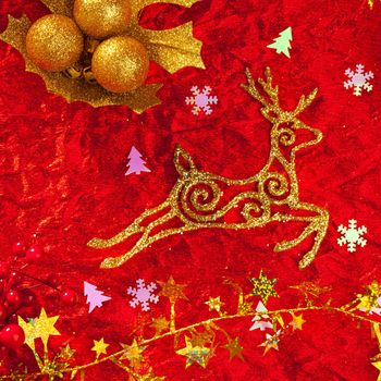 Christmas card background golden and red with baubles stars santa reindeer