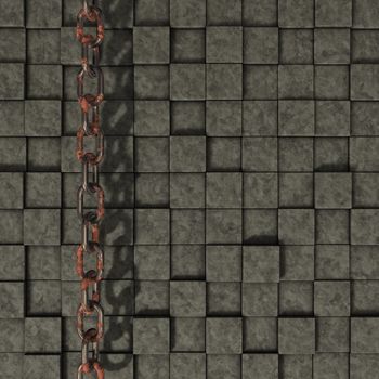 rusty metal chain on stone cubes background - 3d illustration