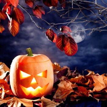 halloween lantern pumpkin in dark sky clouds moonlight