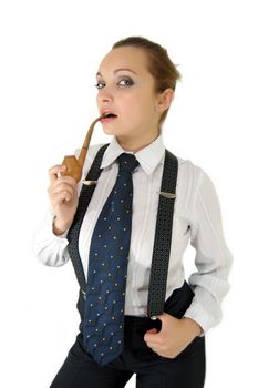 Girl in shirt and suspenders holding retro pipe, isolated on white