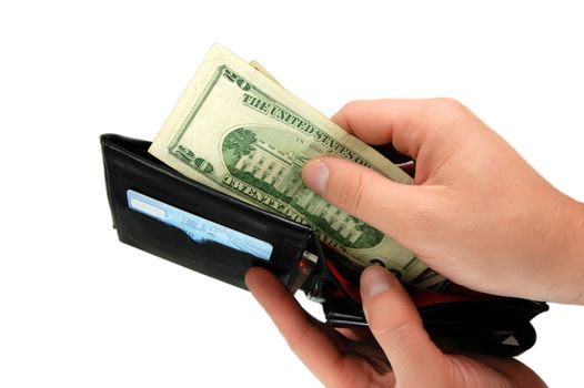 two male hands taking dollars from black leather wallet