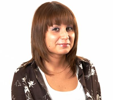 Portrait of the girl in a brown jacket on a white background