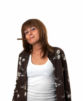 The girl in brown smoking a cigar 