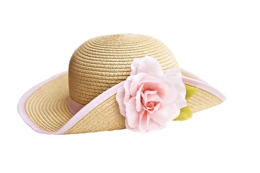 Pretty straw hat with flower on white background