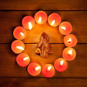 christmas candles circle over wood and bark tree symbol