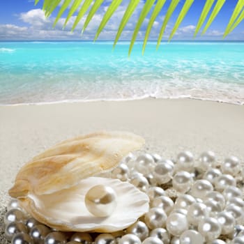 Caribbean pearl inside clam shell over white sand beach in a tropical turquoise sea
