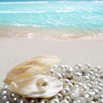 Caribbean pearl inside clam shell over white sand beach in a tropical turquoise sea