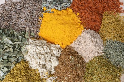 A set of spices on wooden cutting board.