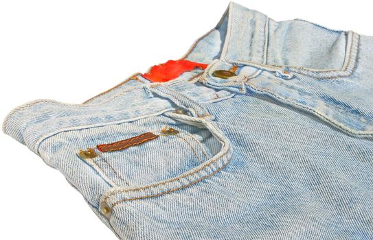 The top part of jeans on a white background.