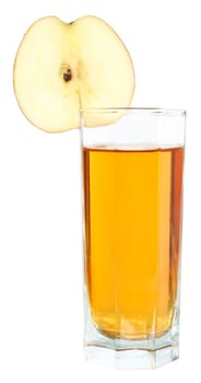 Glass with juice and apples on a white background.