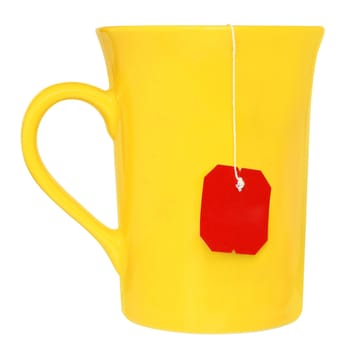 Yellow mug with tea bags inside on a white background.