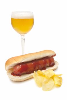 beer, chips and sausage sandwich with tomato isolated on white background