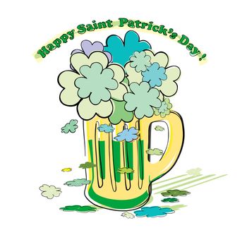 Saint Patrick's Day  pint full of green beer and shamrocks foam, doodle isolated on white