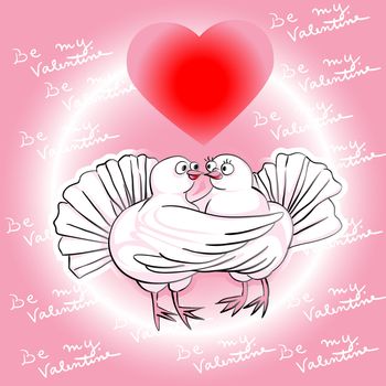 Valentine's Day card with pigeons in love under a magic heart, be my Valentine