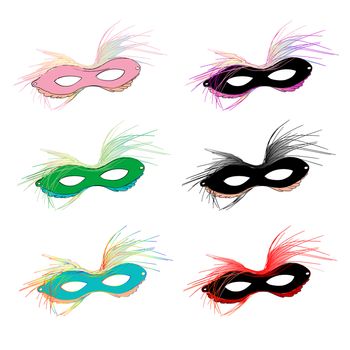 Mardi Gras carnival set of masks with feather over white