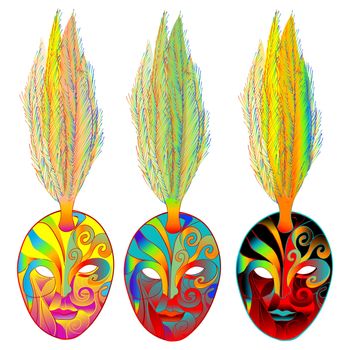 Mardi Gras carnival set of venetian masks with feather over white