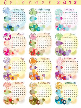 calendar 2012 with zodiac signs and pop art disco dots