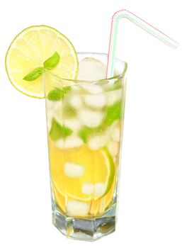 Lemonade with ice cubes on white background.