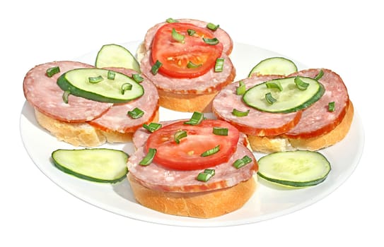 Sandwiches with sausage on a white background.