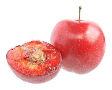 Ripe plums on a white background.