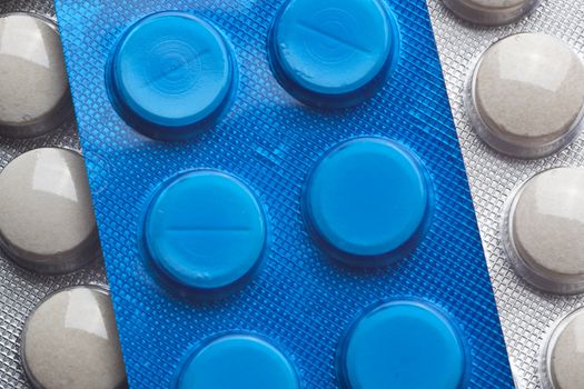 Silver Pills On Metal Table Background, copy space