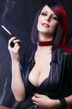 Cabaret Sexy Lady In Black Lingerie Smoking Cigarette