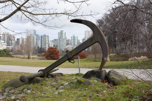 Old anchor in the park. Vancouver. Canada.