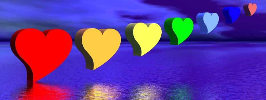 Heart for each color chakra upon water by night