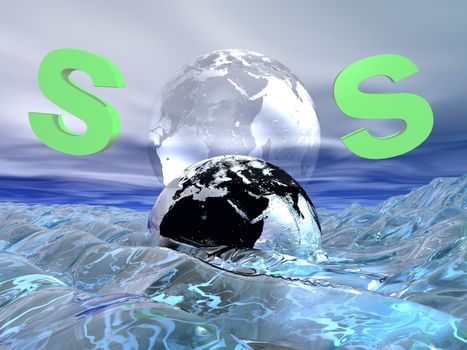 Green SOS for drowning earth in the waves of the ocean