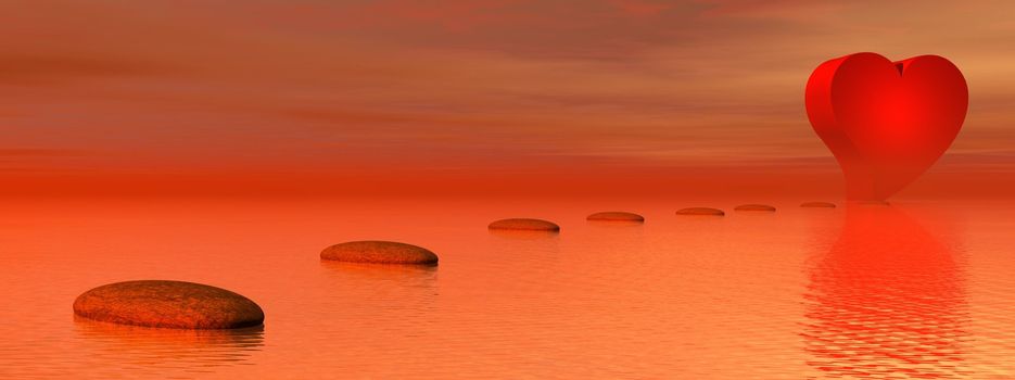 Stone as steps on the water leading to red heart for love