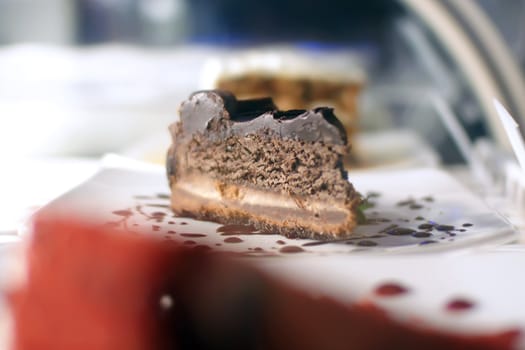 chocolate cheese cake slice on display