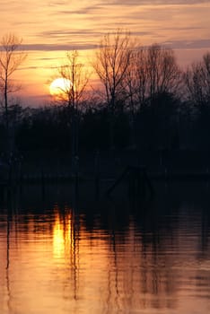 Late afternoon with orange sky and silhouetted treeline