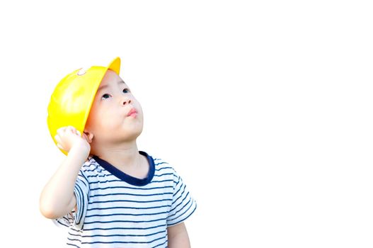 Cute boy engineer, wearing a yellow hat