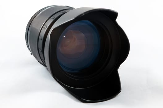 Close up of camera lens on a white background