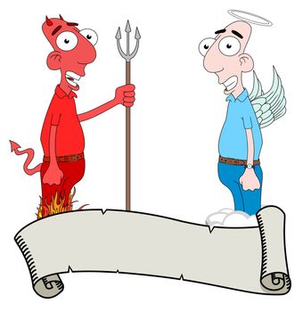 Isolated cartoon Devil and Angel characters behind a scroll
