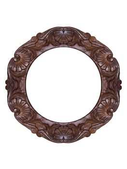 Round wooden carved frame over a white background